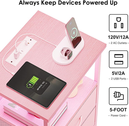 Night Stand with Charging Station, LED Nightstand with U-S-B Ports and Outlets, 2 Fabric Storage Drawers with PU Finish, Small Bedside Table, Pink