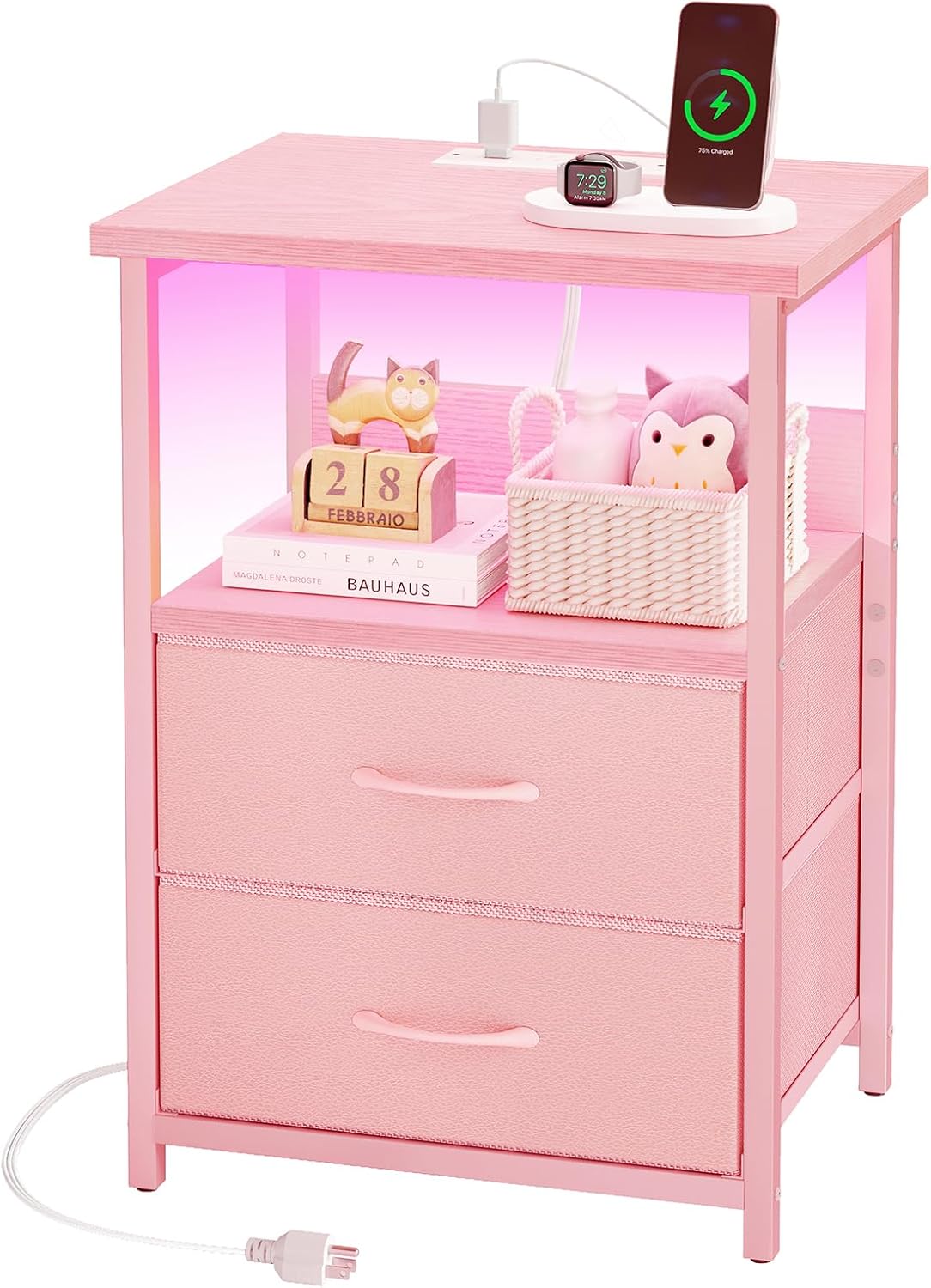 Night Stand with Charging Station, LED Nightstand with U-S-B Ports and Outlets, 2 Fabric Storage Drawers with PU Finish, Small Bedside Table, Pink