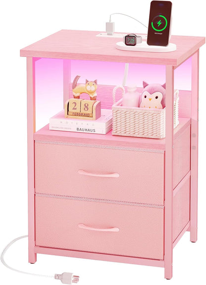 Night Stand with Charging Station, LED Nightstand with U-S-B Ports and Outlets, 2 Fabric Storage Drawers with PU Finish, Small Bedside Table, Pink