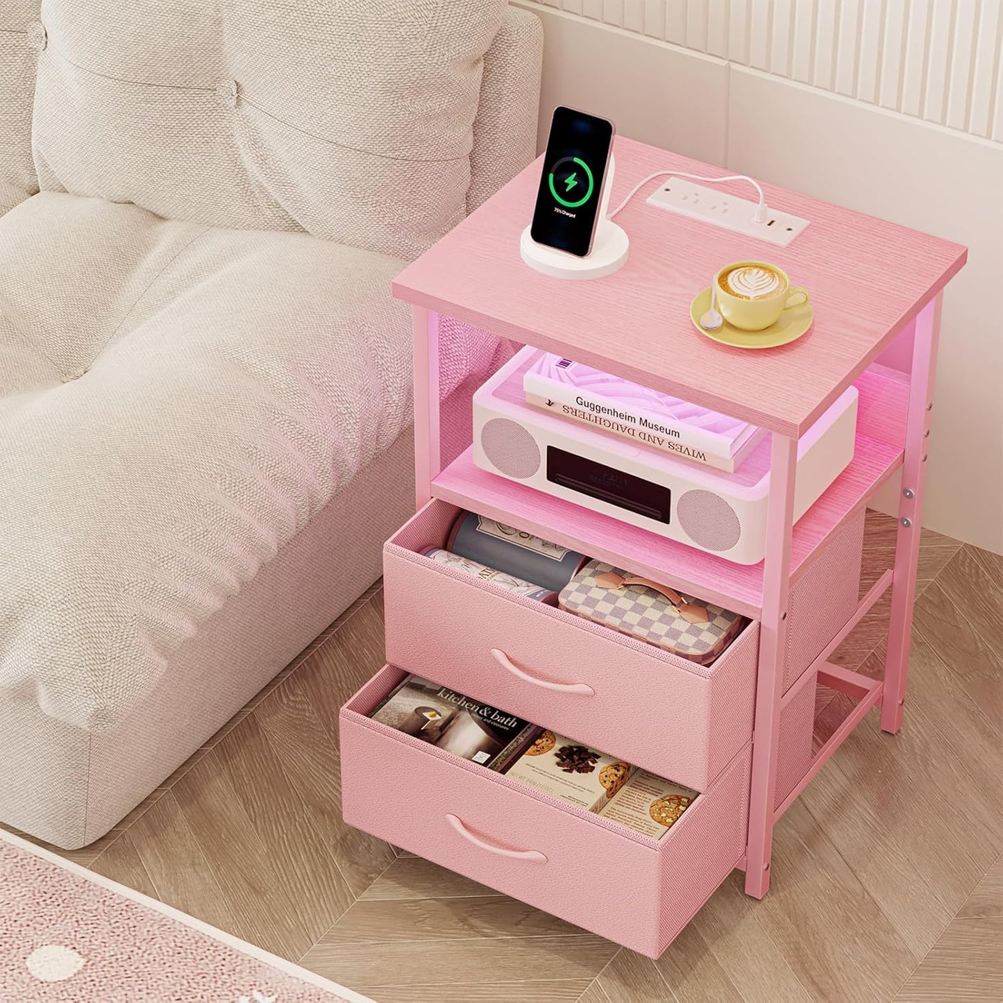 Night Stand with Charging Station, LED Nightstand with U-S-B Ports and Outlets, 2 Fabric Storage Drawers with PU Finish, Small Bedside Table, Pink