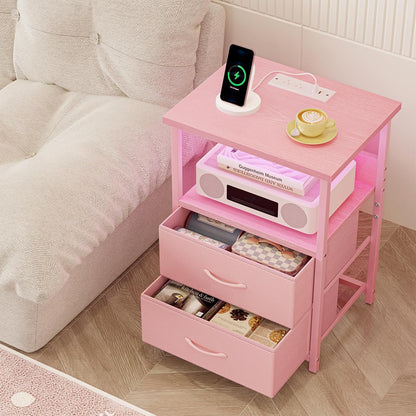 Night Stand with Charging Station, LED Nightstand with U-S-B Ports and Outlets, 2 Fabric Storage Drawers with PU Finish, Small Bedside Table, Pink