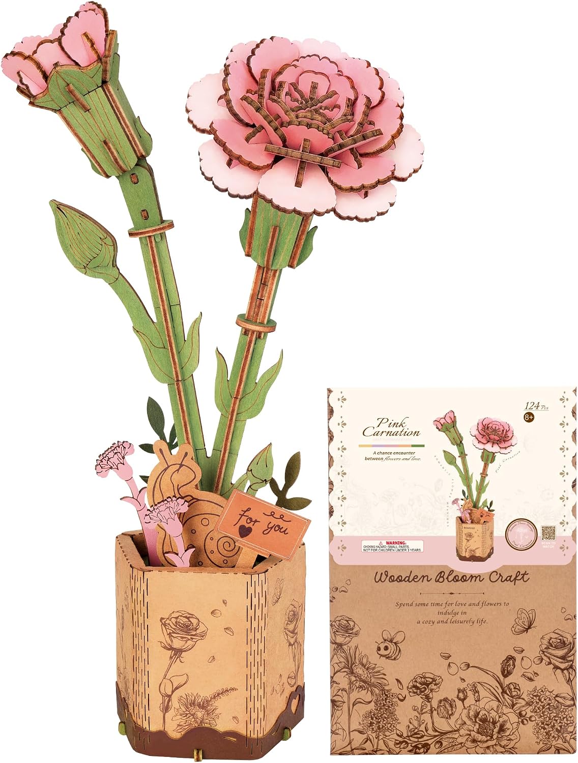 ROBOTIME 3D Pink Carnation Wood Flower Puzzle Kit TW051, DIY Artificial Table Centerpiece for Home Decor, Mother's Day, Birthday Gift for Mom and Women