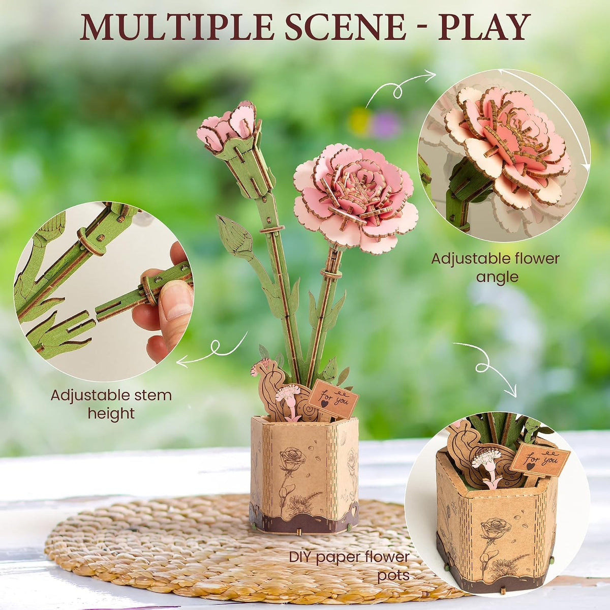 ROBOTIME 3D Pink Carnation Wood Flower Puzzle Kit TW051, DIY Artificial Table Centerpiece for Home Decor, Mother's Day, Birthday Gift for Mom and Women