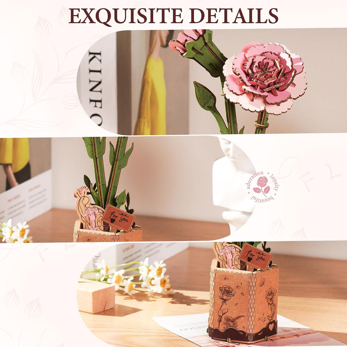 ROBOTIME 3D Pink Carnation Wood Flower Puzzle Kit TW051, DIY Artificial Table Centerpiece for Home Decor, Mother's Day, Birthday Gift for Mom and Women