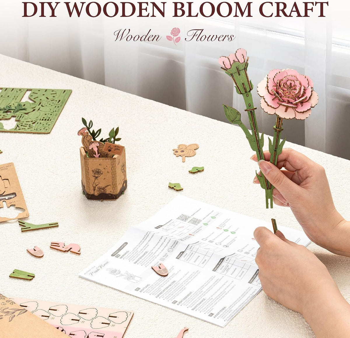 ROBOTIME 3D Pink Carnation Wood Flower Puzzle Kit TW051, DIY Artificial Table Centerpiece for Home Decor, Mother's Day, Birthday Gift for Mom and Women