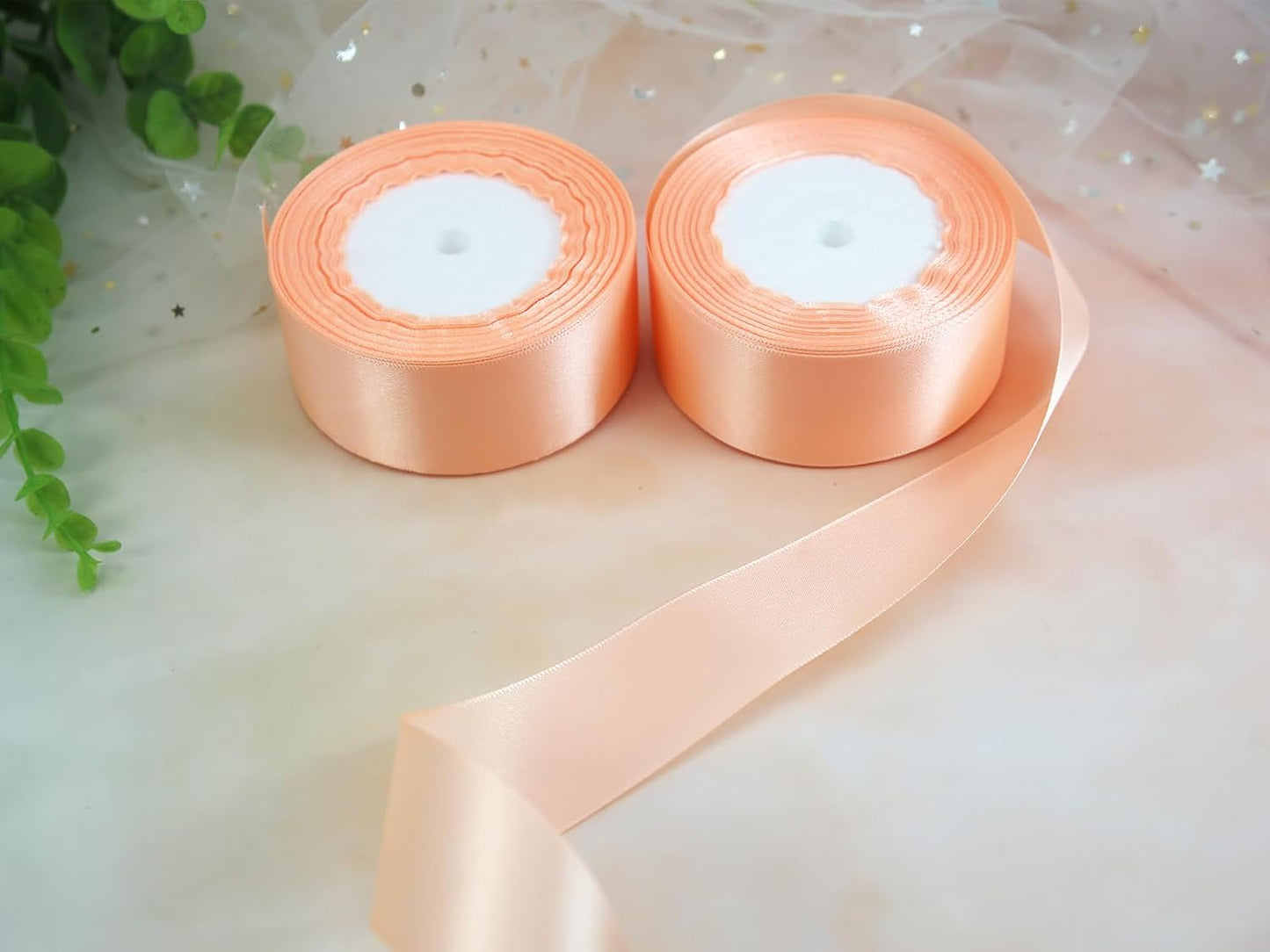 1 1/2" Single Face Satin Ribbon Peach 2Rolls 50 Yards Fabric Single Face Ribbon Silk Floral Wedding Party Wreath Decorative Ribbon for Valentine's Day & Mother's Day Sewing-Binding-Bow
