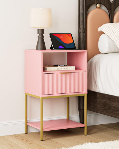 Nightstand, Modern Bedside Table with Gold Frame, Pink Night Stand,25.51''H End Table,3-Tier Storage Side Table for Bedroom,Living Room (Modern-Wave., Pink)