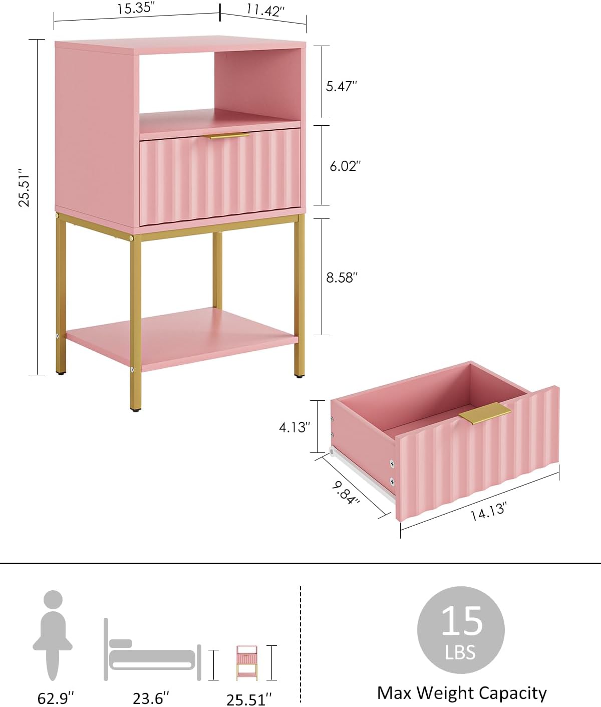 Nightstand, Modern Bedside Table with Gold Frame, Pink Night Stand,25.51''H End Table,3-Tier Storage Side Table for Bedroom,Living Room (Modern-Wave., Pink)