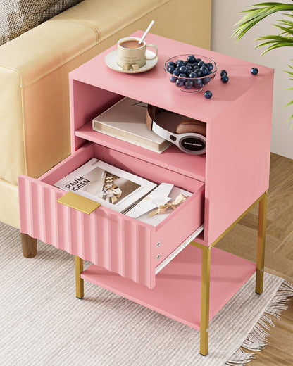 Nightstand, Modern Bedside Table with Gold Frame, Pink Night Stand,25.51''H End Table,3-Tier Storage Side Table for Bedroom,Living Room (Modern-Wave., Pink)