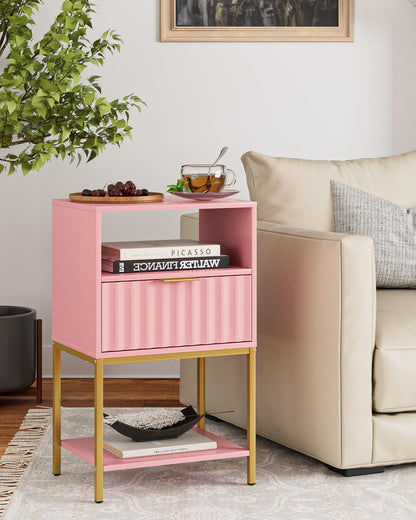 Nightstand, Modern Bedside Table with Gold Frame, Pink Night Stand,25.51''H End Table,3-Tier Storage Side Table for Bedroom,Living Room (Modern-Wave., Pink)
