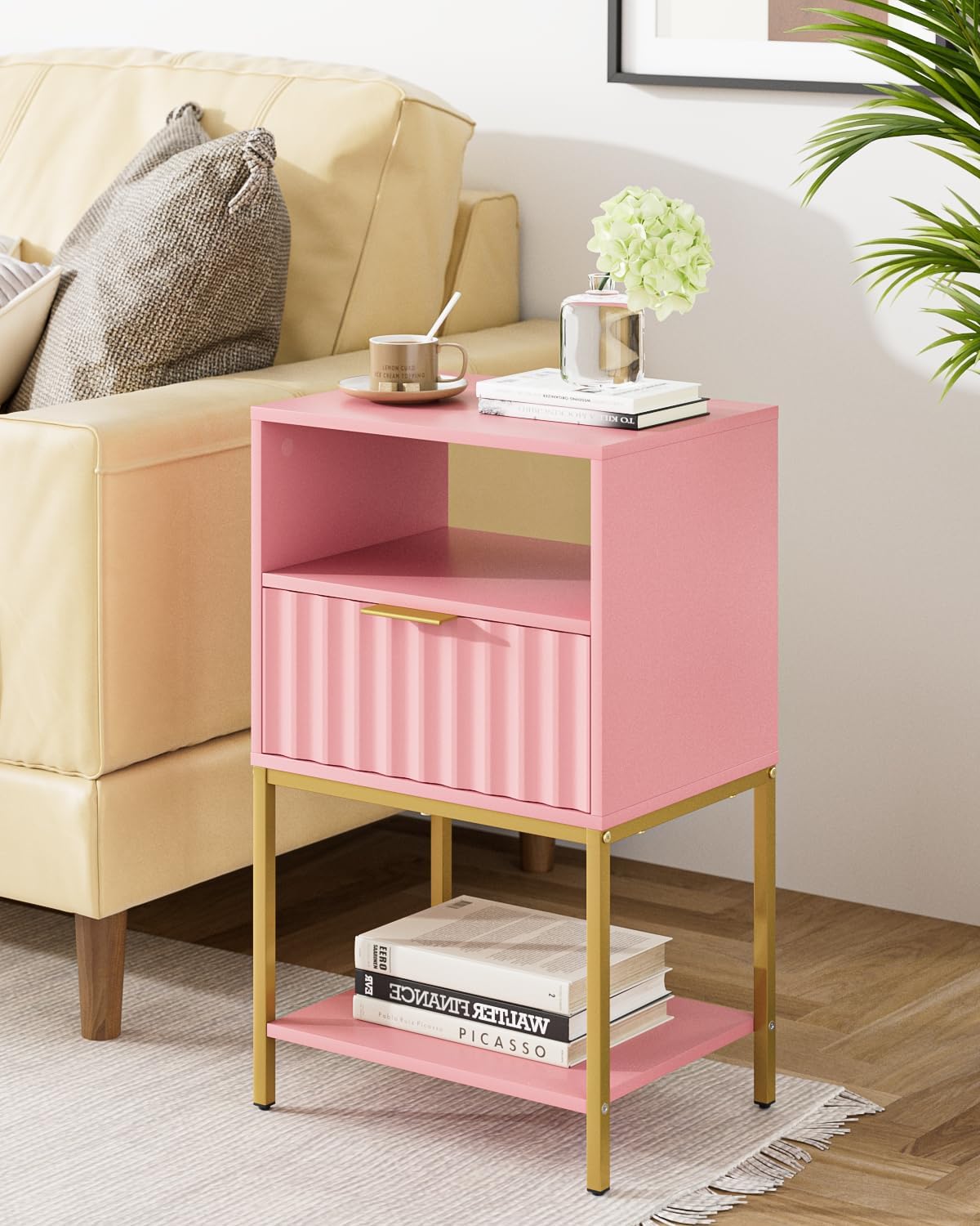 Nightstand, Modern Bedside Table with Gold Frame, Pink Night Stand,25.51''H End Table,3-Tier Storage Side Table for Bedroom,Living Room (Modern-Wave., Pink)