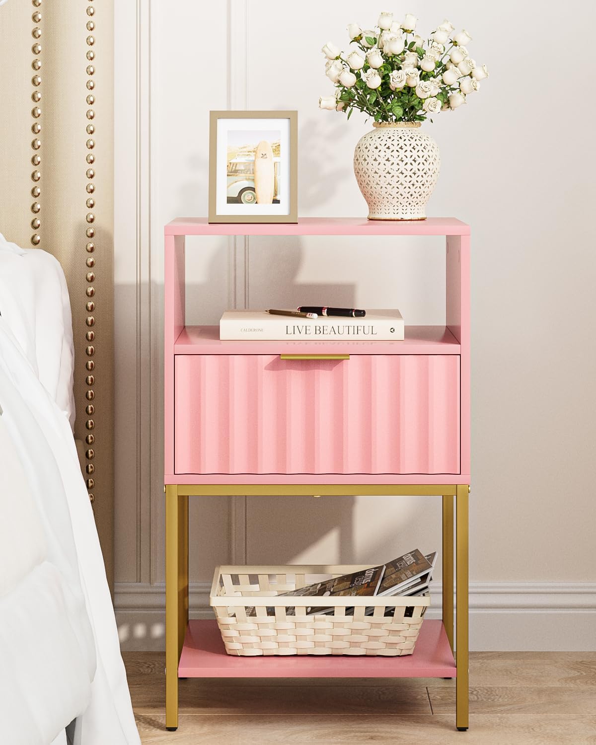Nightstand, Modern Bedside Table with Gold Frame, Pink Night Stand,25.51''H End Table,3-Tier Storage Side Table for Bedroom,Living Room (Modern-Wave., Pink)