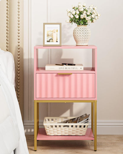 Nightstand, Modern Bedside Table with Gold Frame, Pink Night Stand,25.51''H End Table,3-Tier Storage Side Table for Bedroom,Living Room (Modern-Wave., Pink)
