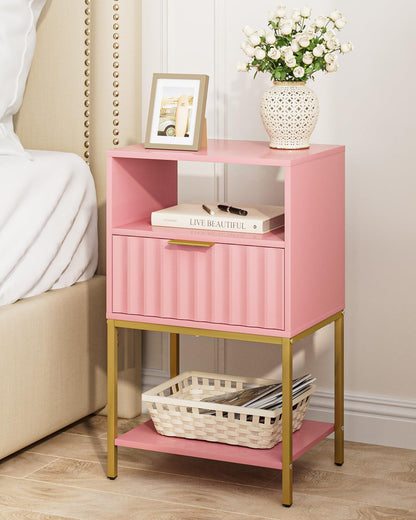 Nightstand, Modern Bedside Table with Gold Frame, Pink Night Stand,25.51''H End Table,3-Tier Storage Side Table for Bedroom,Living Room (Modern-Wave., Pink)