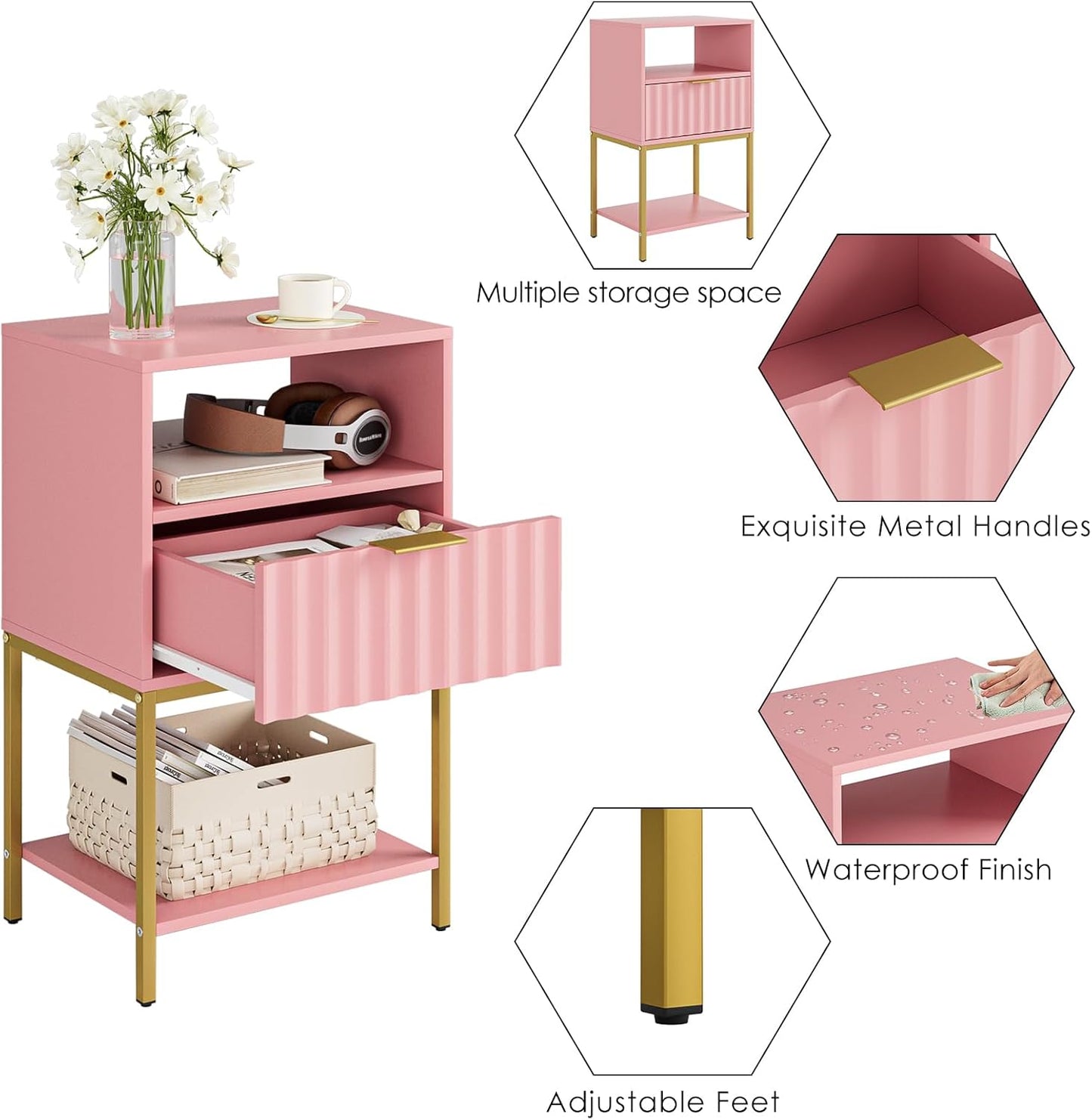 Nightstand, Modern Bedside Table with Gold Frame, Pink Night Stand,25.51''H End Table,3-Tier Storage Side Table for Bedroom,Living Room (Modern-Wave., Pink)