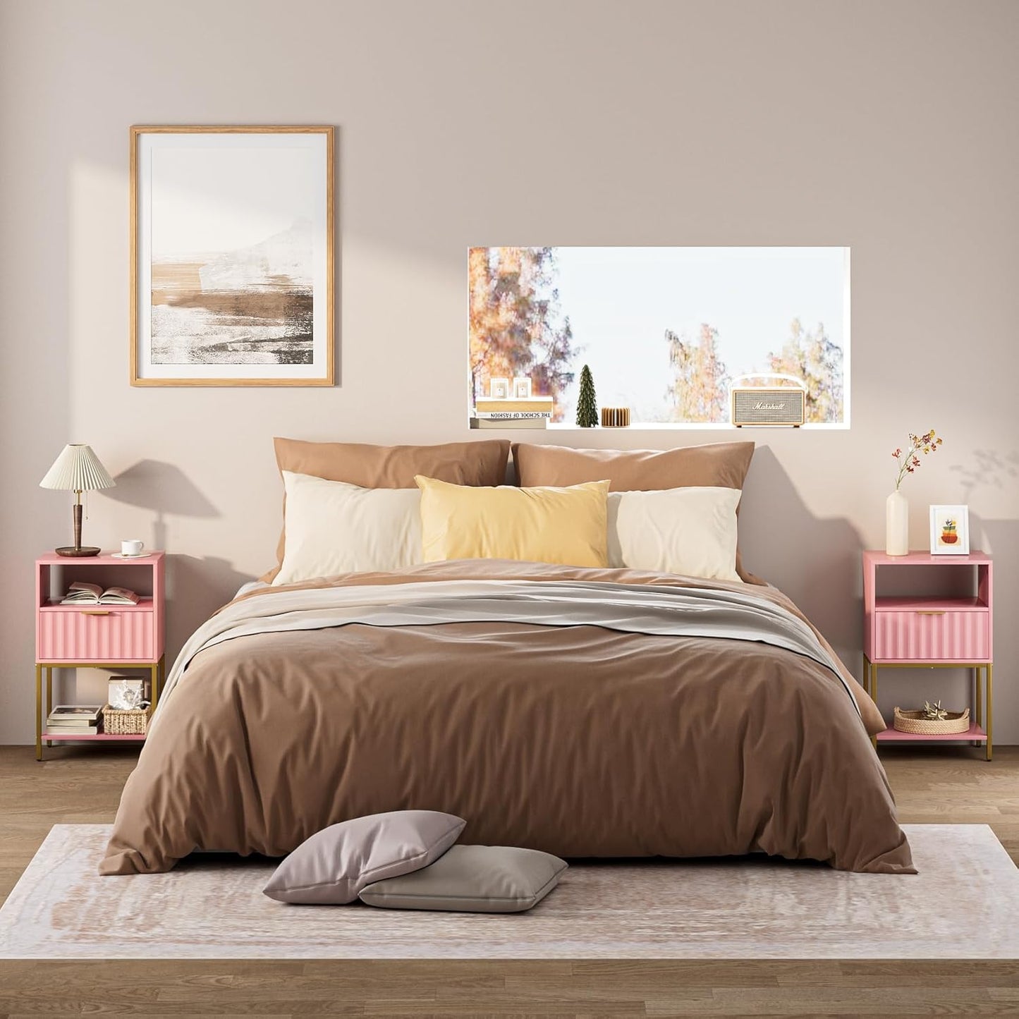 Nightstand, Modern Bedside Table with Gold Frame, Pink Night Stand,25.51''H End Table,3-Tier Storage Side Table for Bedroom,Living Room (Modern-Wave., Pink)