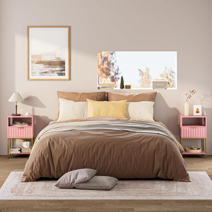 Nightstand, Modern Bedside Table with Gold Frame, Pink Night Stand,25.51''H End Table,3-Tier Storage Side Table for Bedroom,Living Room (Modern-Wave., Pink)