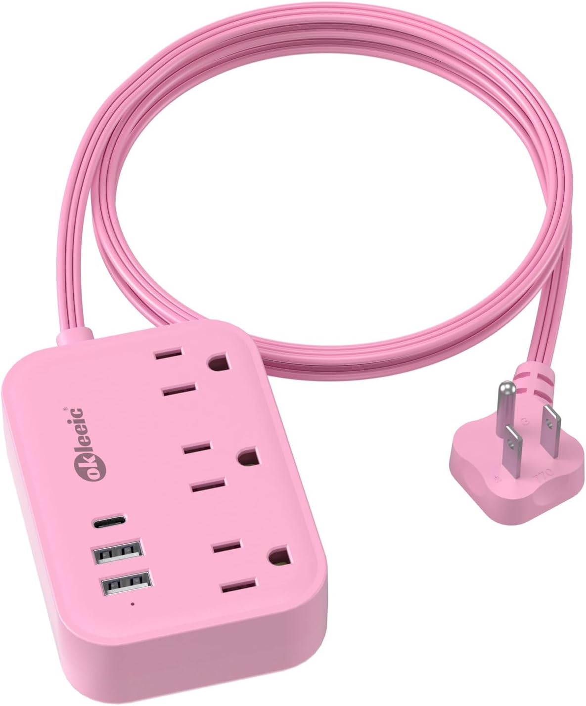 Pink Power Strip - 5Ft Extension Cord with 3 USB(1 USB C) Charging Station and 3 Outlets, Pink Desk Accessories for Cruise Travel Cute Kawaii College Dorm Desk Home Essentials