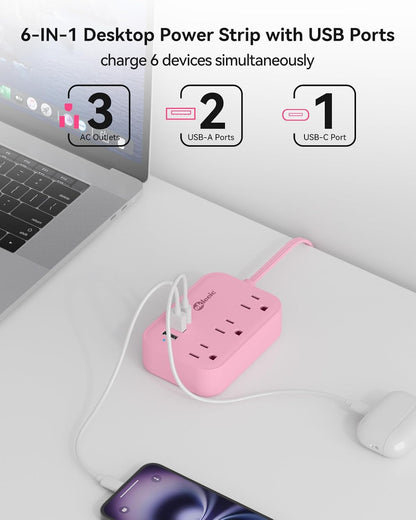 Pink Power Strip - 5Ft Extension Cord with 3 USB(1 USB C) Charging Station and 3 Outlets, Pink Desk Accessories for Cruise Travel Cute Kawaii College Dorm Desk Home Essentials