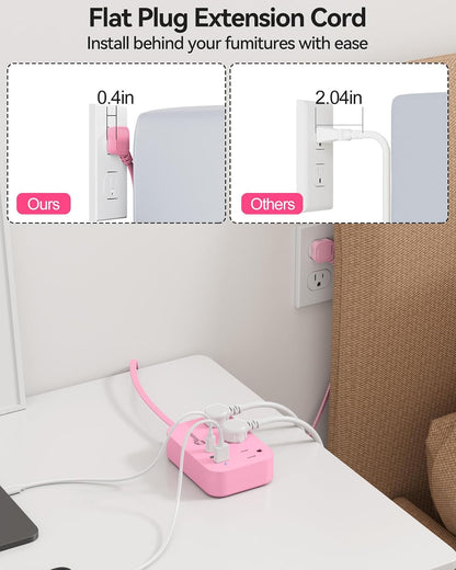 Pink Power Strip - 5Ft Extension Cord with 3 USB(1 USB C) Charging Station and 3 Outlets, Pink Desk Accessories for Cruise Travel Cute Kawaii College Dorm Desk Home Essentials