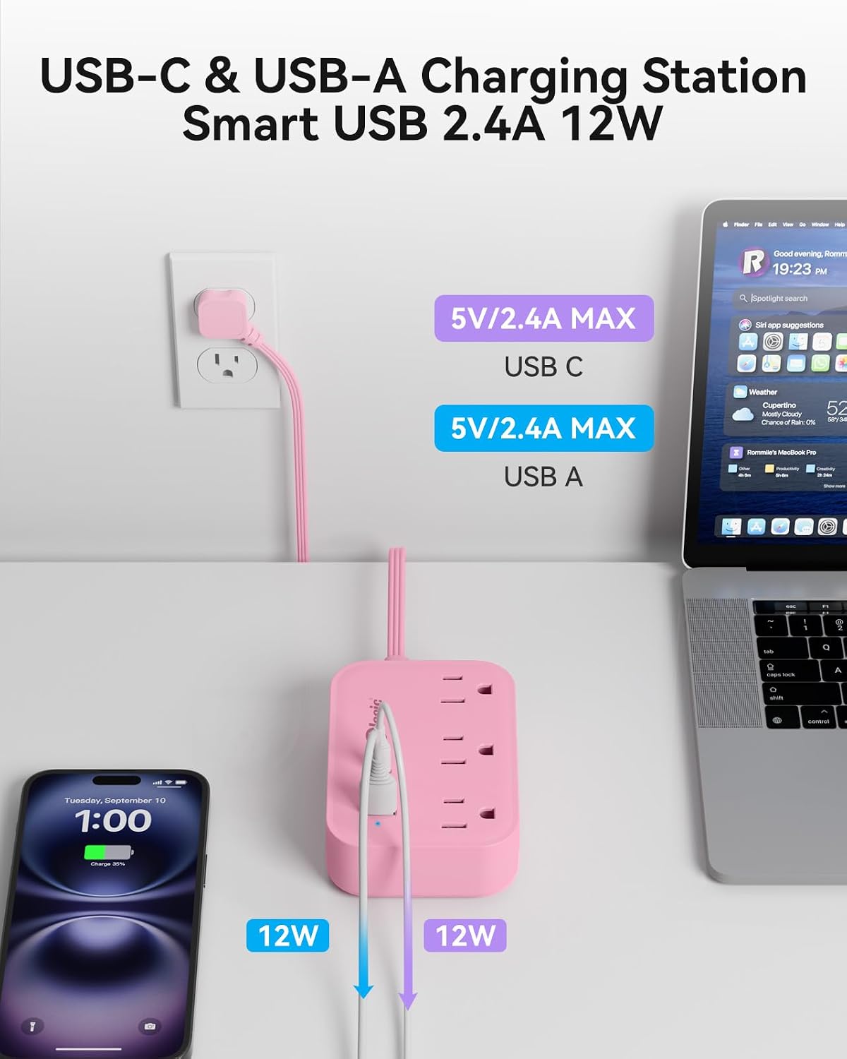 Pink Power Strip - 5Ft Extension Cord with 3 USB(1 USB C) Charging Station and 3 Outlets, Pink Desk Accessories for Cruise Travel Cute Kawaii College Dorm Desk Home Essentials