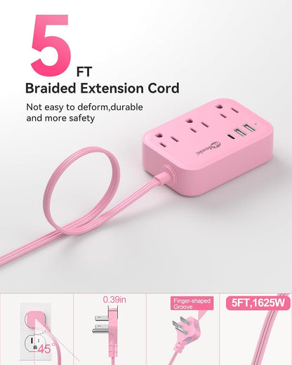 Pink Power Strip - 5Ft Extension Cord with 3 USB(1 USB C) Charging Station and 3 Outlets, Pink Desk Accessories for Cruise Travel Cute Kawaii College Dorm Desk Home Essentials