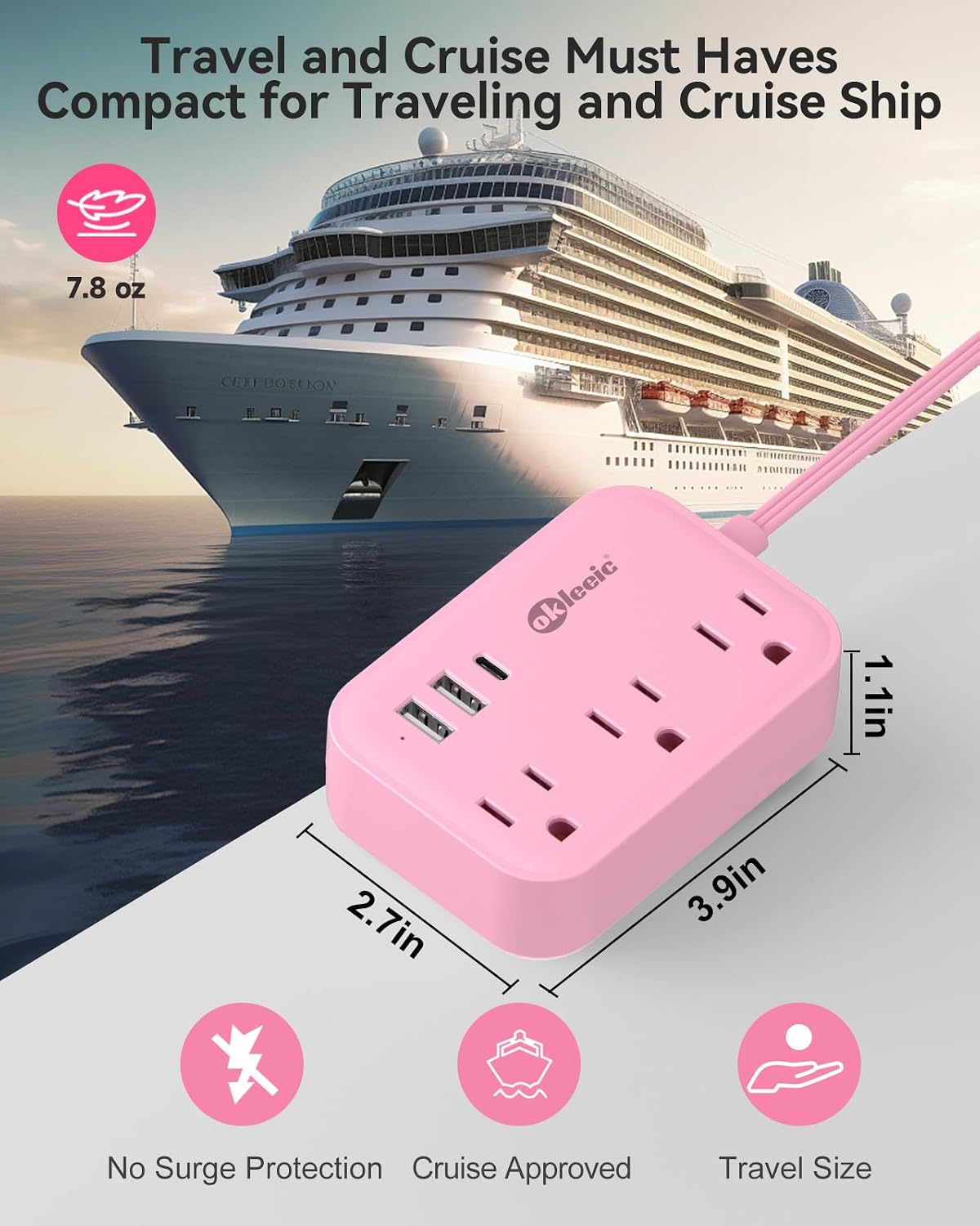 Pink Power Strip - 5Ft Extension Cord with 3 USB(1 USB C) Charging Station and 3 Outlets, Pink Desk Accessories for Cruise Travel Cute Kawaii College Dorm Desk Home Essentials