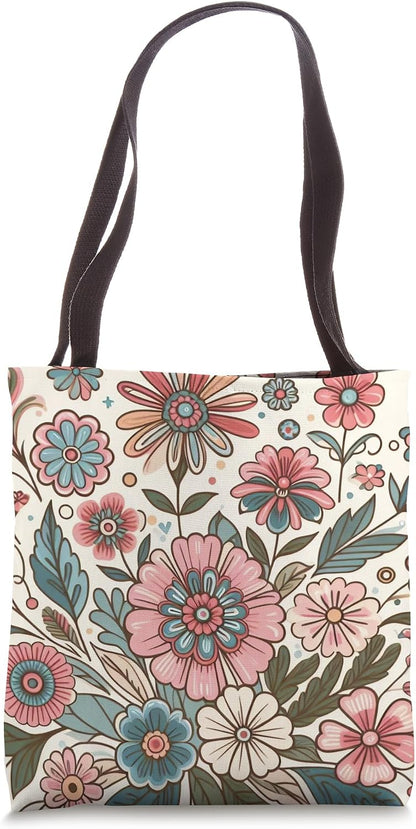 Retro Flowers Meadow Floral Groovy 70s Peach Pink Tote Bag