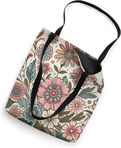 Retro Flowers Meadow Floral Groovy 70s Peach Pink Tote Bag