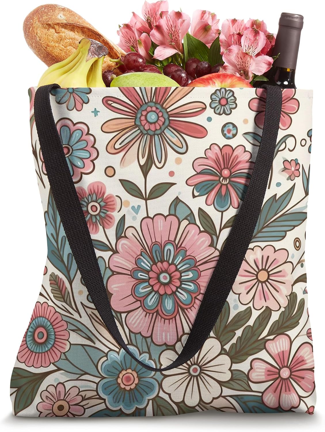 Retro Flowers Meadow Floral Groovy 70s Peach Pink Tote Bag