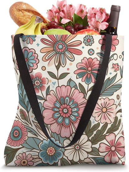 Retro Flowers Meadow Floral Groovy 70s Peach Pink Tote Bag