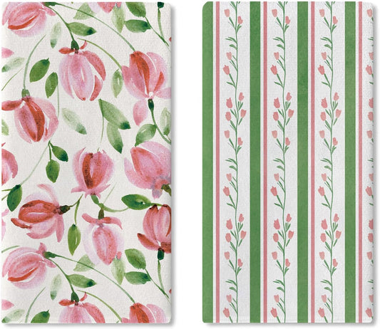 Watercolor Floral Theme Kitchen Dish Towels Set of 2, Pink Green Flower Striped Cottagecore Drying Hand Towel Baking Cooking Cloth, Spring Summer Botanical Bathroom Home Decoration 18'' x 26''