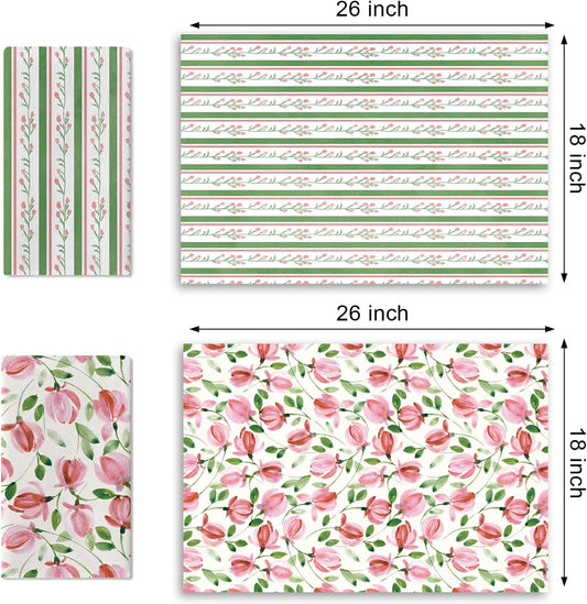 Watercolor Floral Theme Kitchen Dish Towels Set of 2, Pink Green Flower Striped Cottagecore Drying Hand Towel Baking Cooking Cloth, Spring Summer Botanical Bathroom Home Decoration 18'' x 26''