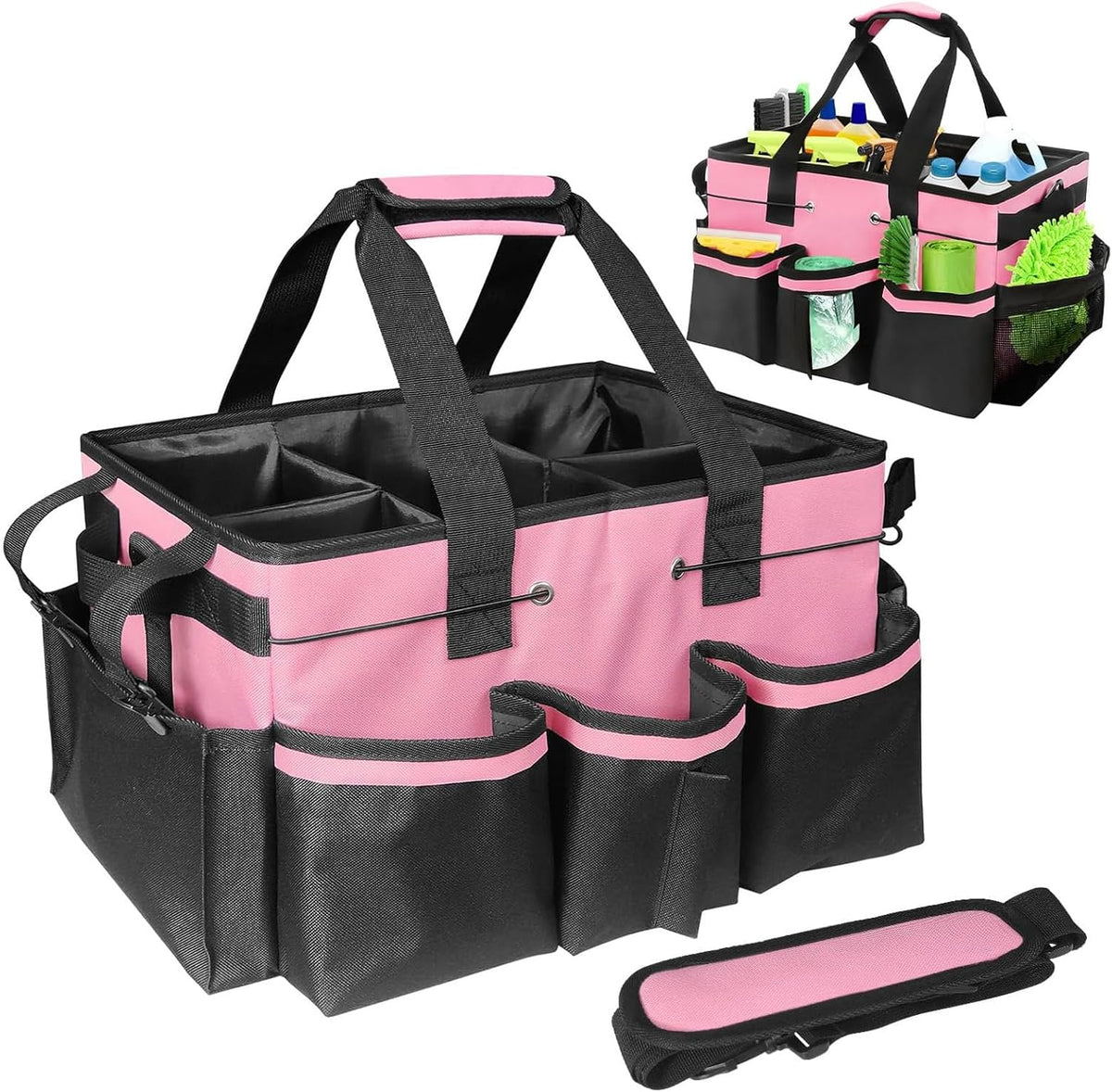 Cleaning Caddy Bag with Foldable Divider & Adjustable Shoulder Strap, Large-Capacity Housekeeping Cleaning Tote for Cleaners, Home, Car, or Horse Grooming Supplies – Heavy-Duty Organizer (Pink)