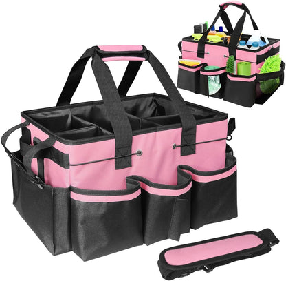 Cleaning Caddy Bag with Foldable Divider & Adjustable Shoulder Strap, Large-Capacity Housekeeping Cleaning Tote for Cleaners, Home, Car, or Horse Grooming Supplies – Heavy-Duty Organizer (Pink)