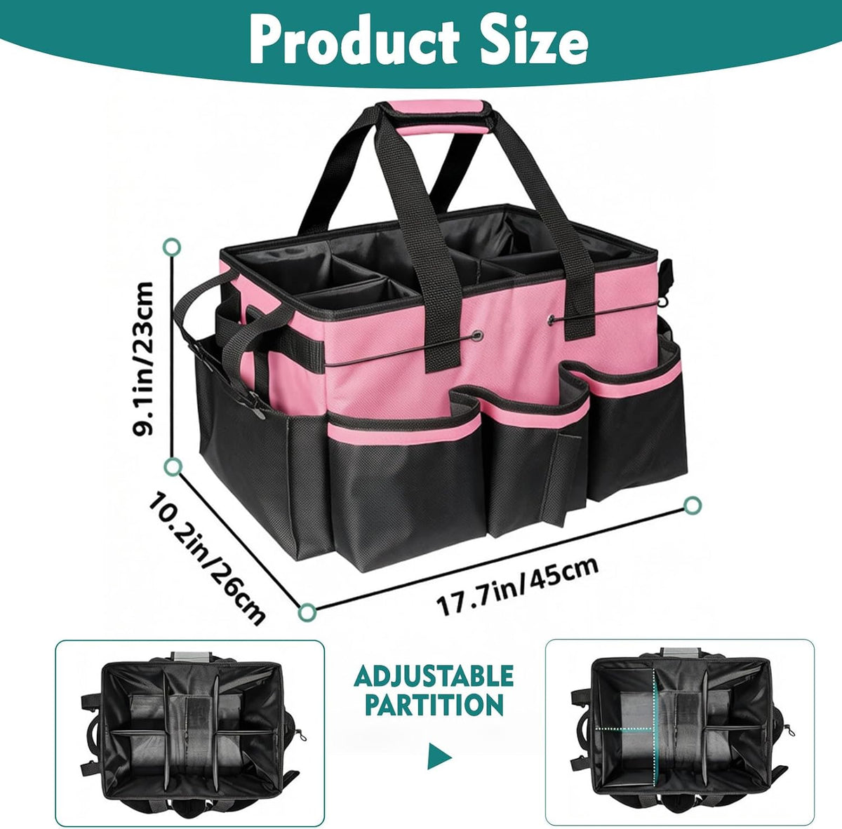 Cleaning Caddy Bag with Foldable Divider & Adjustable Shoulder Strap, Large-Capacity Housekeeping Cleaning Tote for Cleaners, Home, Car, or Horse Grooming Supplies – Heavy-Duty Organizer (Pink)