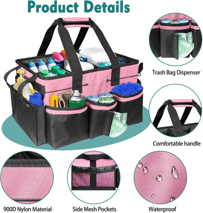 Cleaning Caddy Bag with Foldable Divider & Adjustable Shoulder Strap, Large-Capacity Housekeeping Cleaning Tote for Cleaners, Home, Car, or Horse Grooming Supplies – Heavy-Duty Organizer (Pink)
