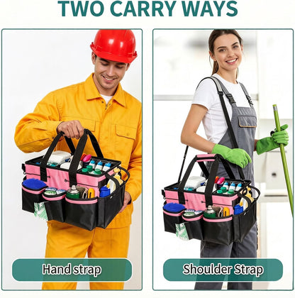 Cleaning Caddy Bag with Foldable Divider & Adjustable Shoulder Strap, Large-Capacity Housekeeping Cleaning Tote for Cleaners, Home, Car, or Horse Grooming Supplies – Heavy-Duty Organizer (Pink)