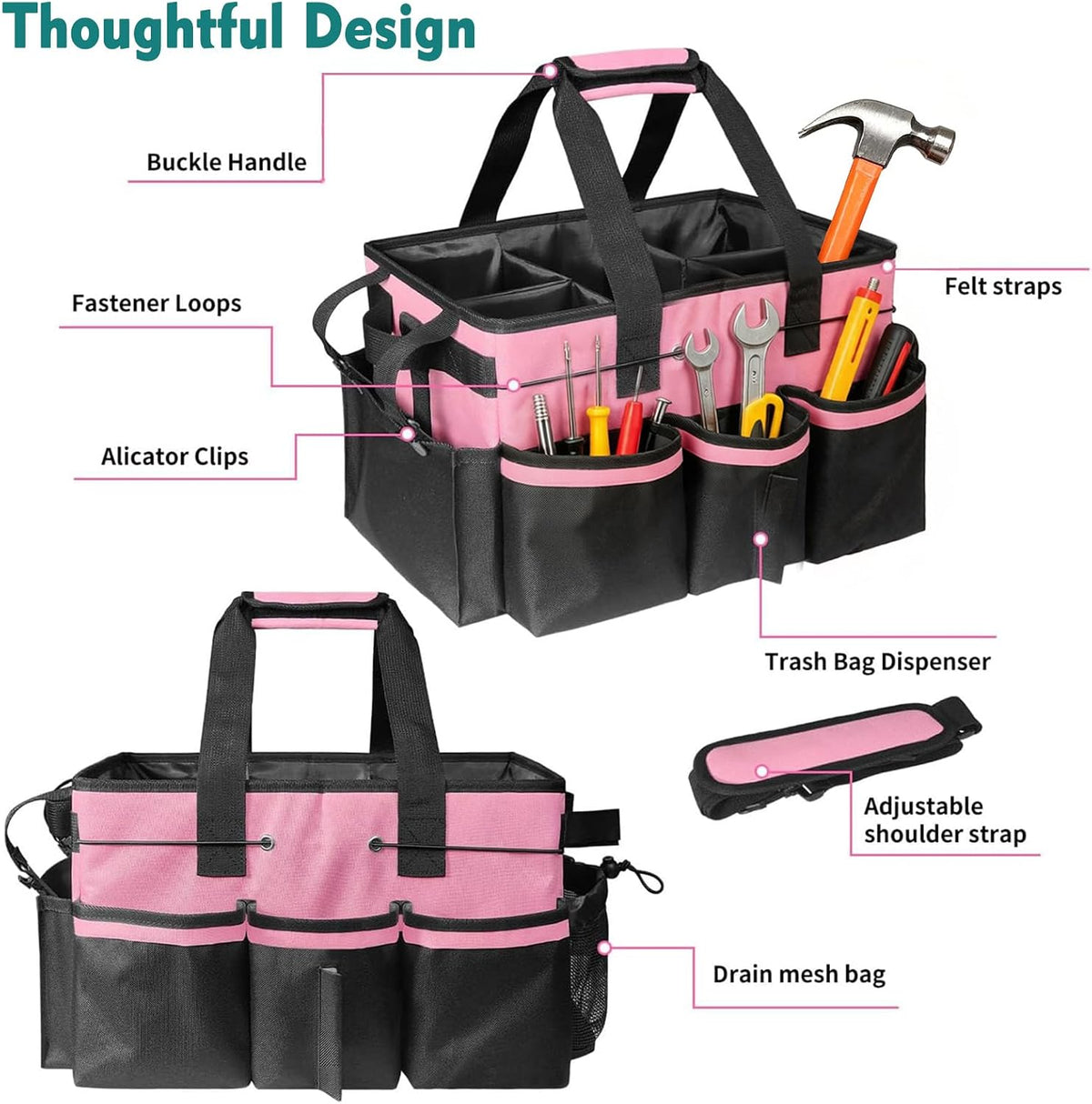 Cleaning Caddy Bag with Foldable Divider & Adjustable Shoulder Strap, Large-Capacity Housekeeping Cleaning Tote for Cleaners, Home, Car, or Horse Grooming Supplies – Heavy-Duty Organizer (Pink)