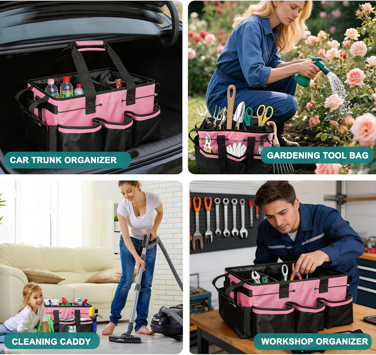 Cleaning Caddy Bag with Foldable Divider & Adjustable Shoulder Strap, Large-Capacity Housekeeping Cleaning Tote for Cleaners, Home, Car, or Horse Grooming Supplies – Heavy-Duty Organizer (Pink)