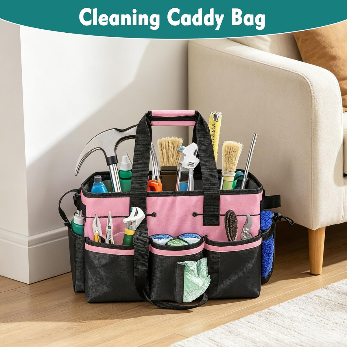 Cleaning Caddy Bag with Foldable Divider & Adjustable Shoulder Strap, Large-Capacity Housekeeping Cleaning Tote for Cleaners, Home, Car, or Horse Grooming Supplies – Heavy-Duty Organizer (Pink)