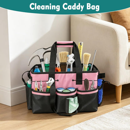 Cleaning Caddy Bag with Foldable Divider & Adjustable Shoulder Strap, Large-Capacity Housekeeping Cleaning Tote for Cleaners, Home, Car, or Horse Grooming Supplies – Heavy-Duty Organizer (Pink)