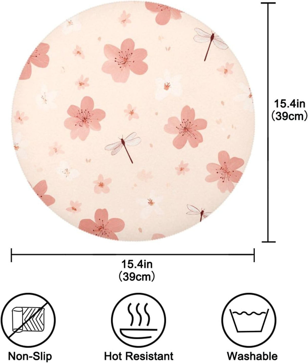 Round Placemats Small Peach Flowers Pattern Table Mats Washable Non-Slip Heat Resistant Place Mats for Dining Table Home Decoration Tray Mat 15.4"X15.4", Set of 1