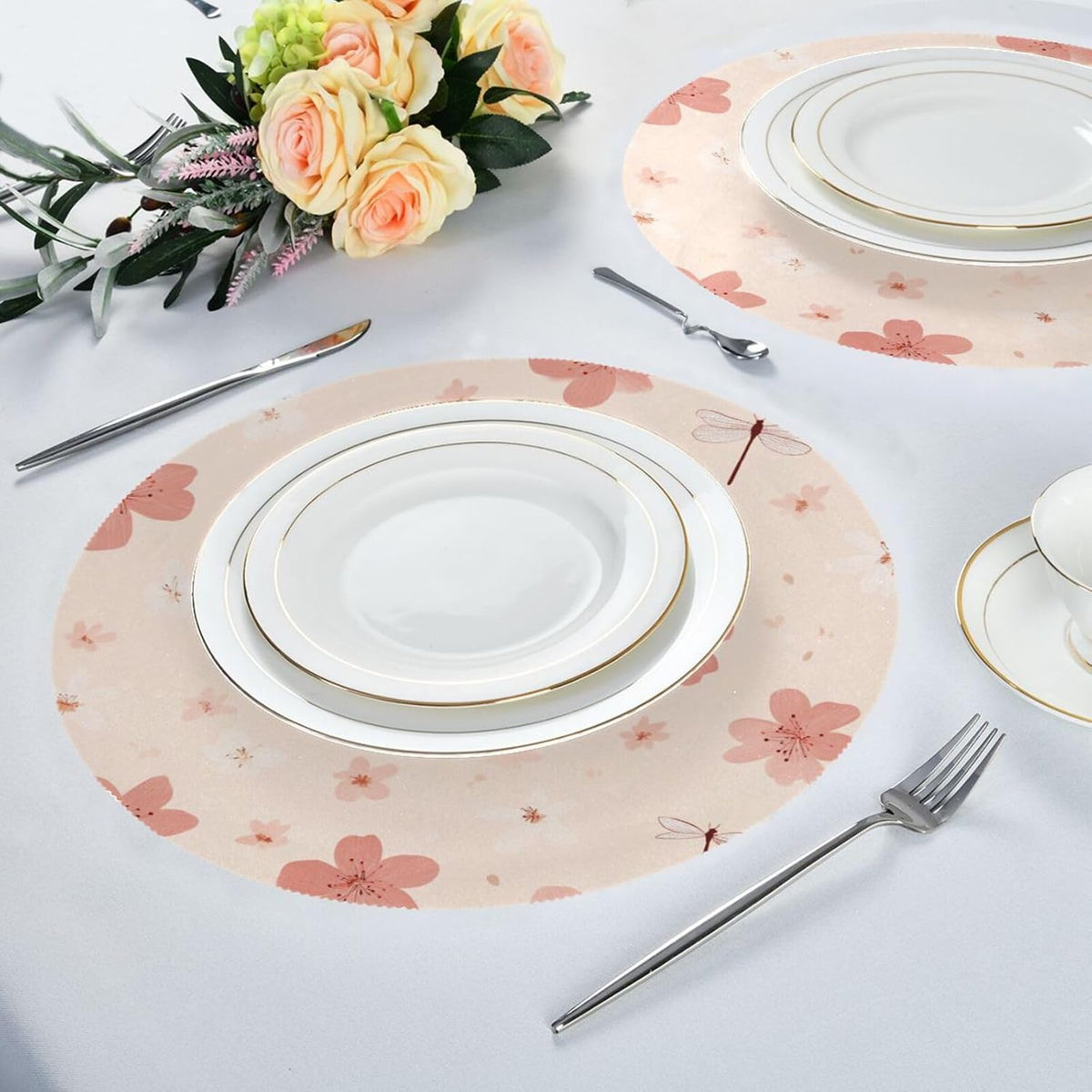 Round Placemats Small Peach Flowers Pattern Table Mats Washable Non-Slip Heat Resistant Place Mats for Dining Table Home Decoration Tray Mat 15.4"X15.4", Set of 1