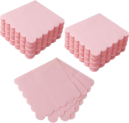 100 Pack Cocktail Napkin, 2-Ply Scalloped Edged Dessert Napkins Folded, Disposable Napkins for Dinner Wedding, Baby Shower, Birthday Party, Bridal Anniversary Reception Event(Pink)
