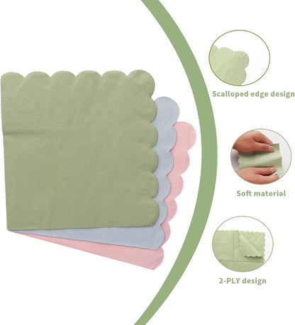 100 Pack Cocktail Napkin, 2-Ply Scalloped Edged Dessert Napkins Folded, Disposable Napkins for Dinner Wedding, Baby Shower, Birthday Party, Bridal Anniversary Reception Event(Pink)