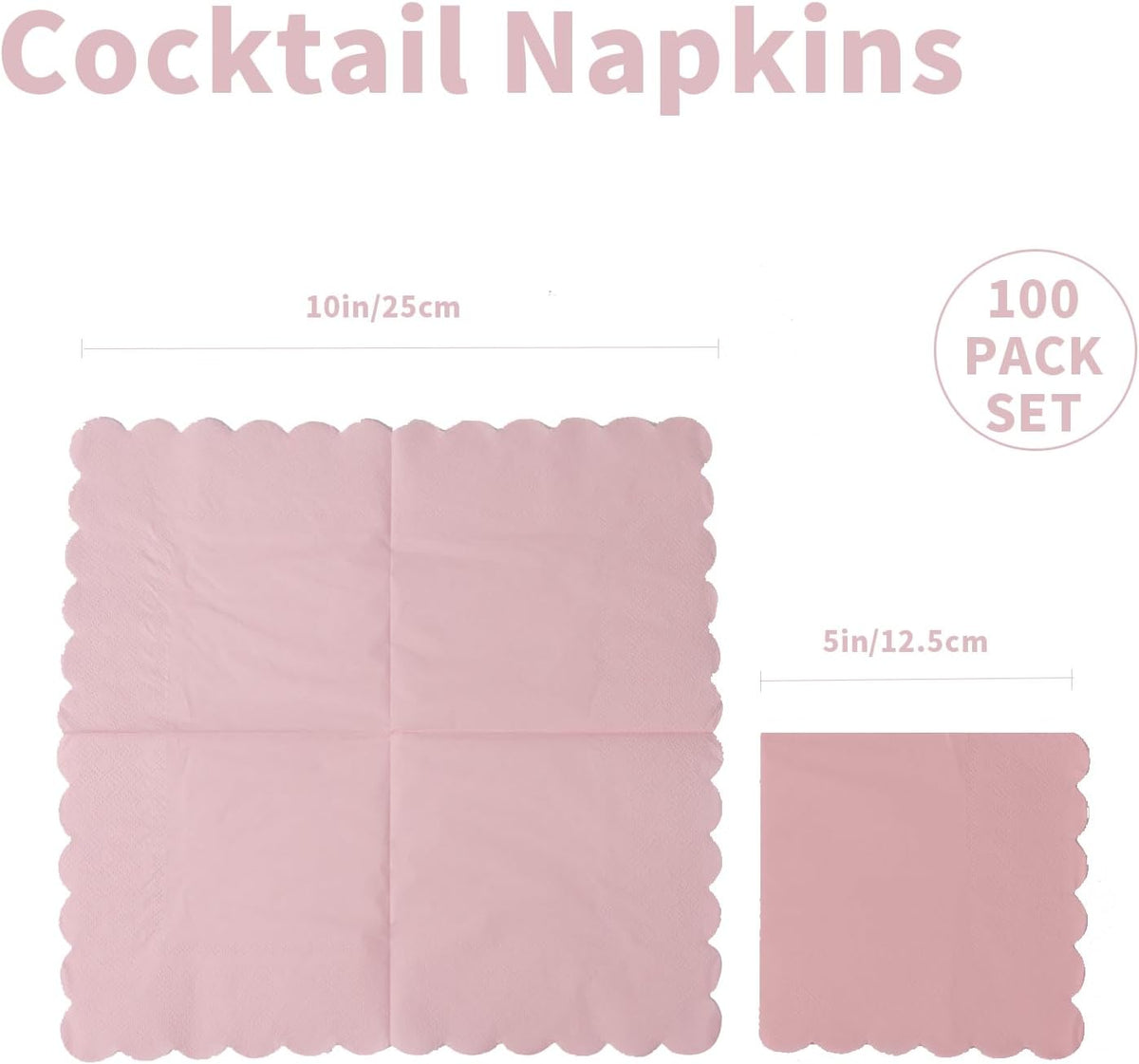 100 Pack Cocktail Napkin, 2-Ply Scalloped Edged Dessert Napkins Folded, Disposable Napkins for Dinner Wedding, Baby Shower, Birthday Party, Bridal Anniversary Reception Event(Pink)