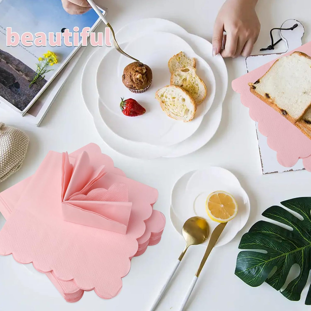 100 Pack Cocktail Napkin, 2-Ply Scalloped Edged Dessert Napkins Folded, Disposable Napkins for Dinner Wedding, Baby Shower, Birthday Party, Bridal Anniversary Reception Event(Pink)