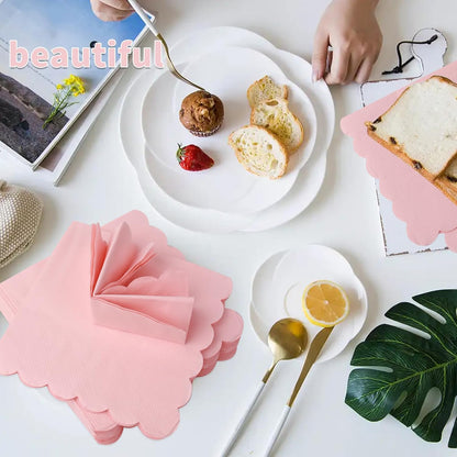 100 Pack Cocktail Napkin, 2-Ply Scalloped Edged Dessert Napkins Folded, Disposable Napkins for Dinner Wedding, Baby Shower, Birthday Party, Bridal Anniversary Reception Event(Pink)