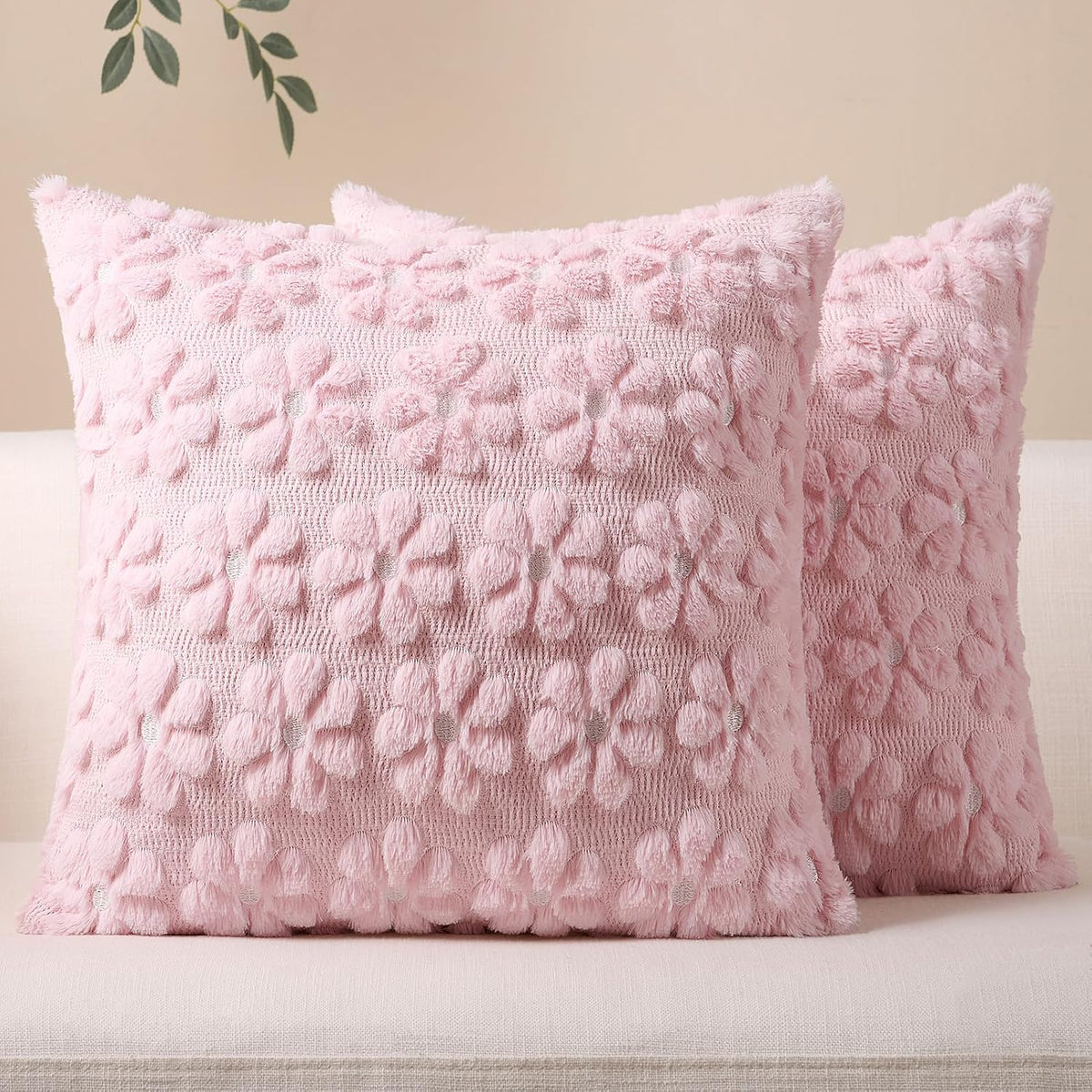 Spring Decorative Throw Pillow Covers 16 x 16 Inch Set of 2, Farmhouse Summer Floral Daisy Soft Faux Fur Cushion Covers, 3D Pillow Cases for Couch Bedroom Living Sofa Room Home Decor, Pink